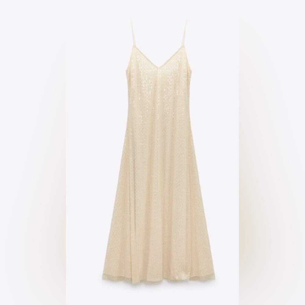 Zara Beaded Sequins Maxi Dress in cream Size M NWOT